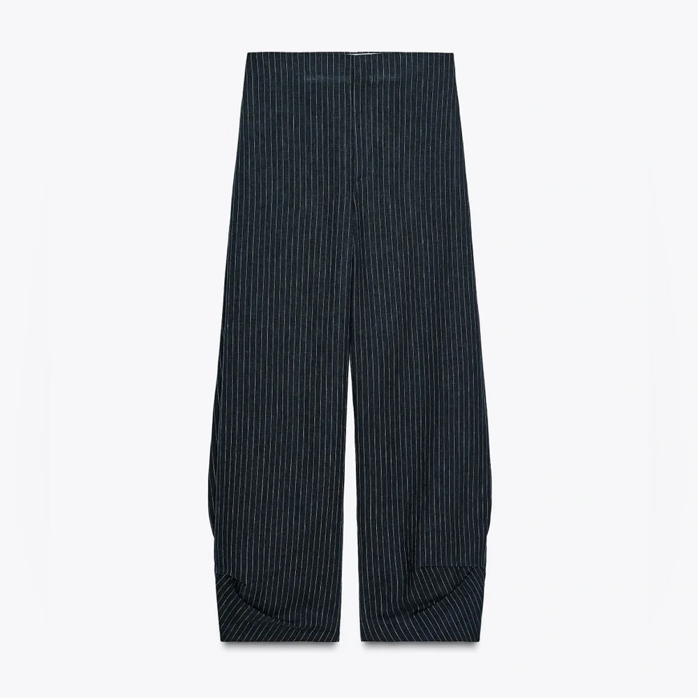 ZARA Balloon Navy Linen Blend Pinstripe Trouser NWT